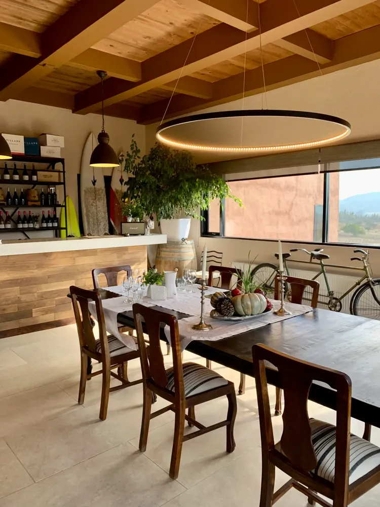 Warm modern interior with dining space